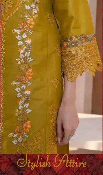 Pakistani Original Rangoon Cotton Stitched 3 Pcs _ Olive Mustard 
